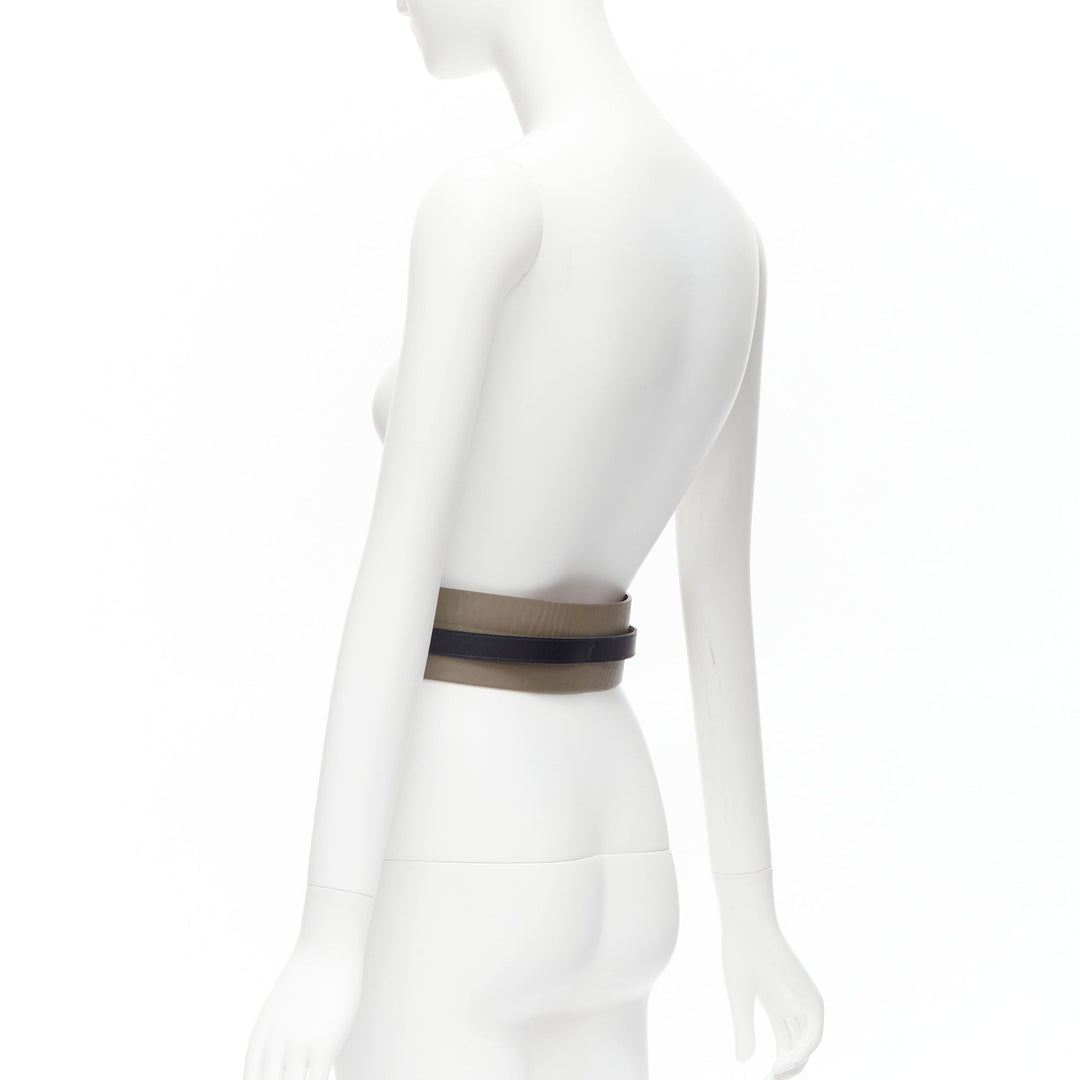 MAISON BOINET brown navy double cowhide leather gold buckle waist belt 70cm
