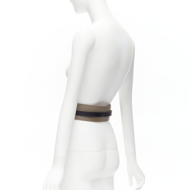 MAISON BOINET brown navy double cowhide leather gold buckle waist belt 70cm