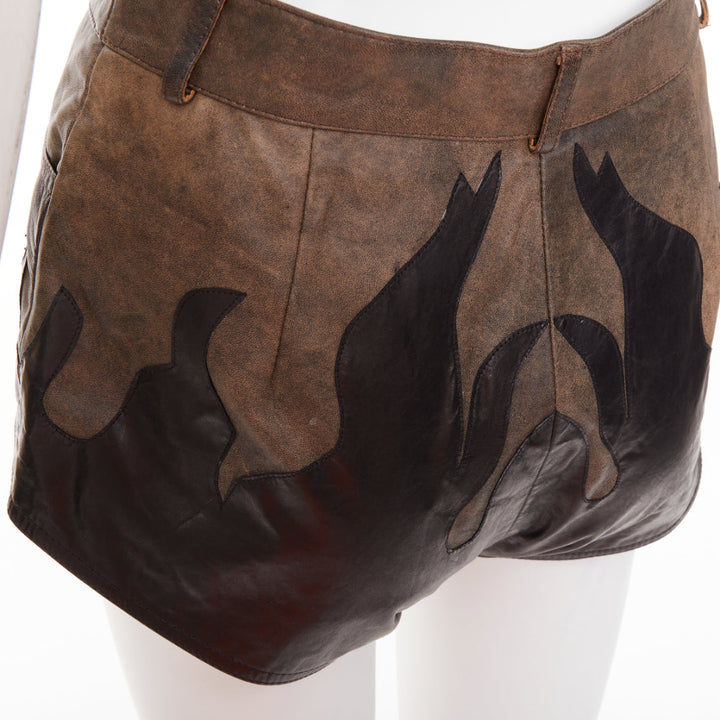 ALESSANDRA RICH brown black sheepskin leather patchwork flame shorts IT40 S