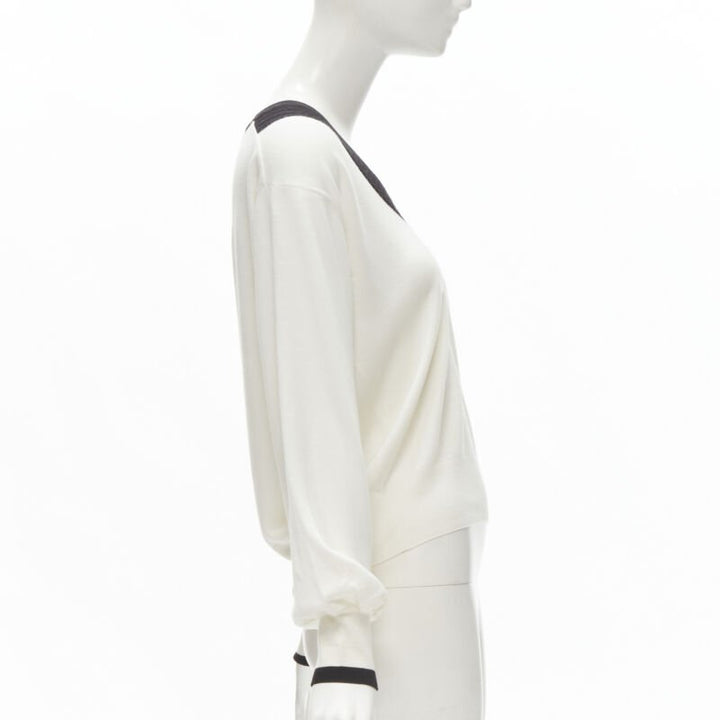 CHANEL 100% wool ivory white black intarsia chain schoolgirl sweater FR38 M