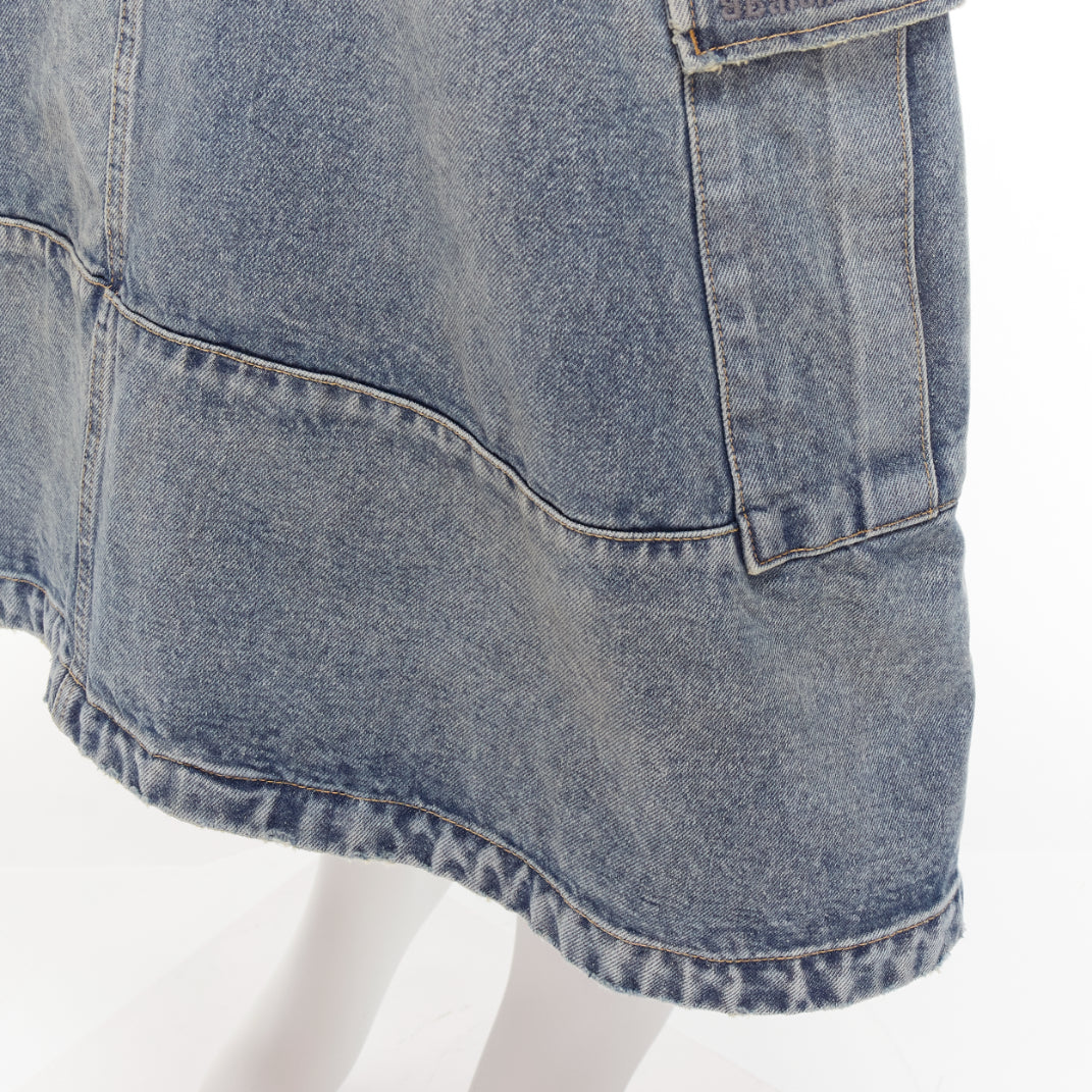 BALENCIAGA Demna 2021 Cargo Kick blue denim low waist logo midi skirt FR38 M