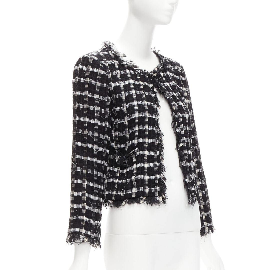 CHANEL black white raw frayed check tweed gripoix buttons cropped jacket FR40 L