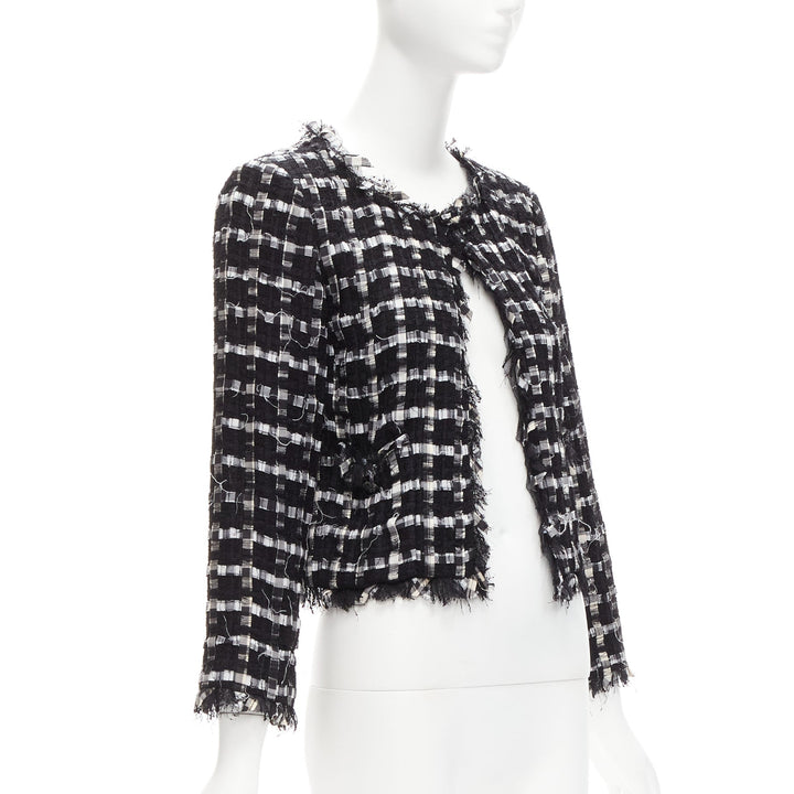 CHANEL black white raw frayed check tweed gripoix buttons cropped jacket FR40 L