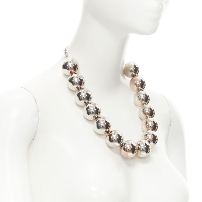 OSCAR DE LA RENTA Bold Beaded single strand silver XL ball statement necklace