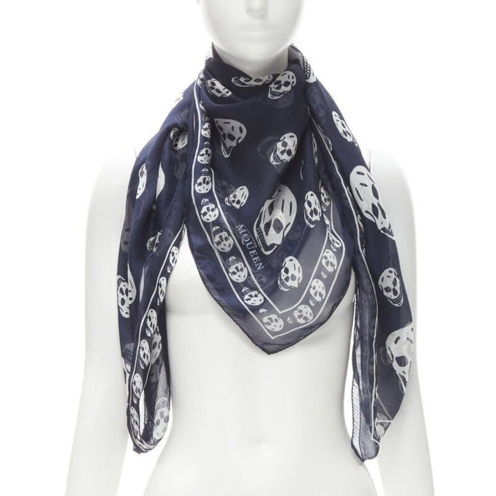 ALEXANDER MCQUEEN Signature navy blue white skeleton skull print scarf