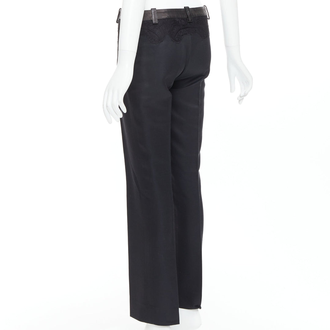 VERSACE black cotton blend lace leather trim waist tapered trousers IT38 XS