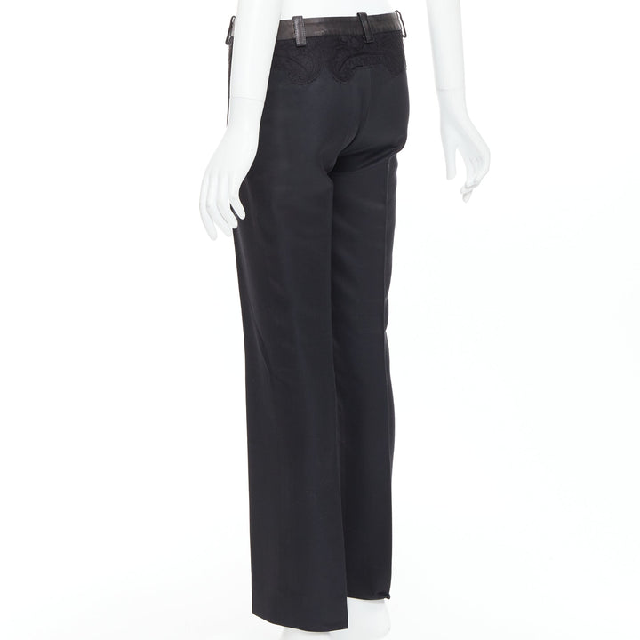 VERSACE black cotton blend lace leather trim waist tapered trousers IT38 XS