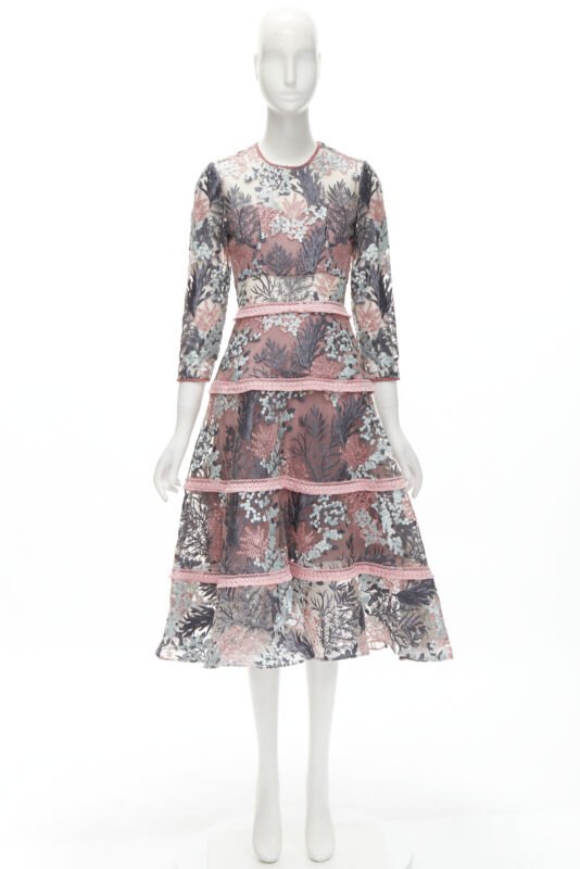 ALEXIS pink green floral embroidery sheer panel fringe flared gown XS