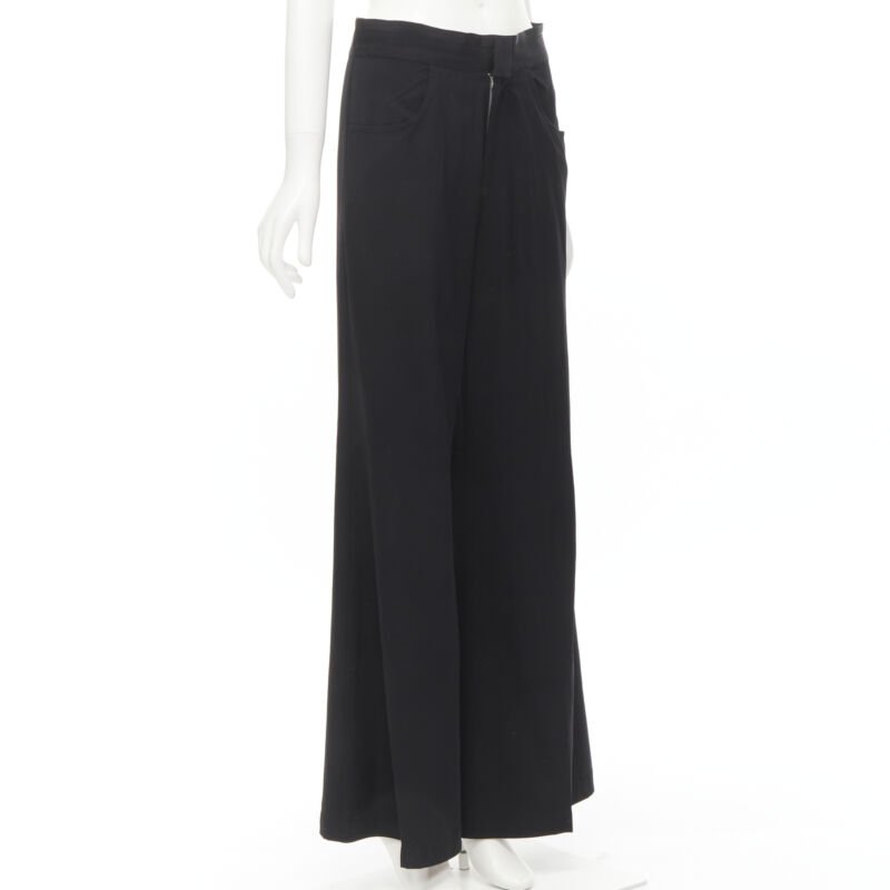 YOHJI YAMAMOTO black wool grosgrain trim waist high waisted wide leg pants JP3 L