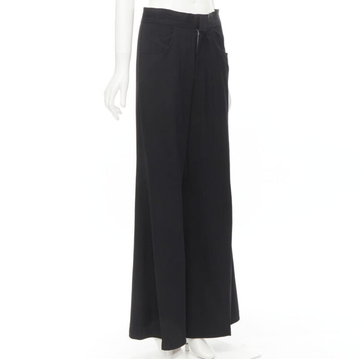 YOHJI YAMAMOTO black wool grosgrain trim waist high waisted wide leg pants JP3 L