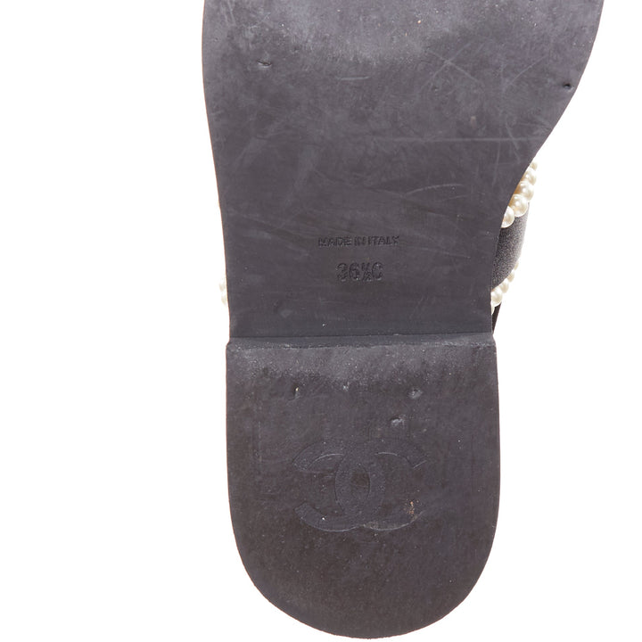 CHANEL 2022 black pearl embellished satin CC flat dad sandals EU36.5