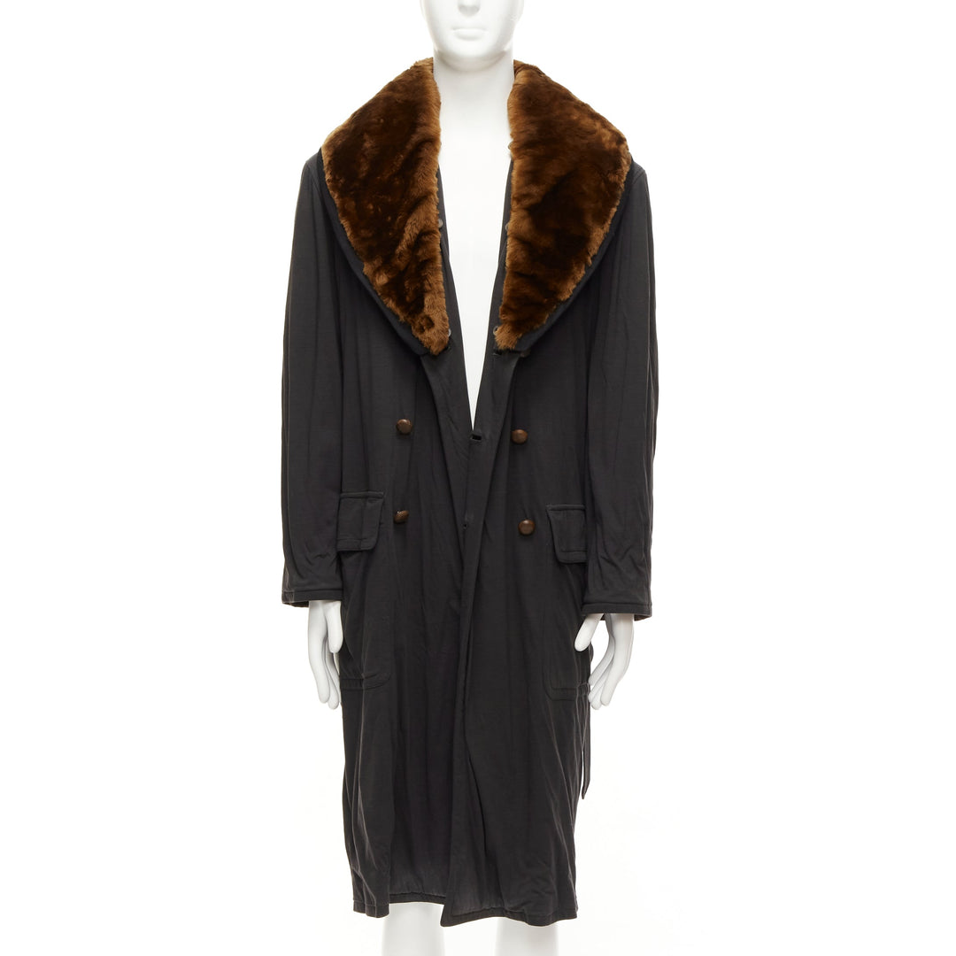 rare JEAN PAUL GAULTIER HOMME brown faux fur collar black cotton belted coat L