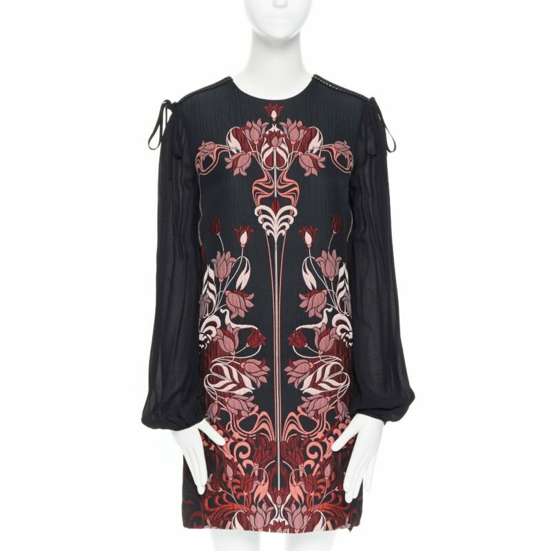 GIAMBA GIAMBATTISTA VALLI black red floral loque semi sheer sleeves dress XXS
