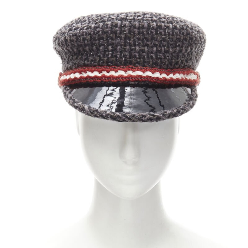 CHANEL 18A Parus Hamburg Runway grey tweed red braid black patent sailor hat S