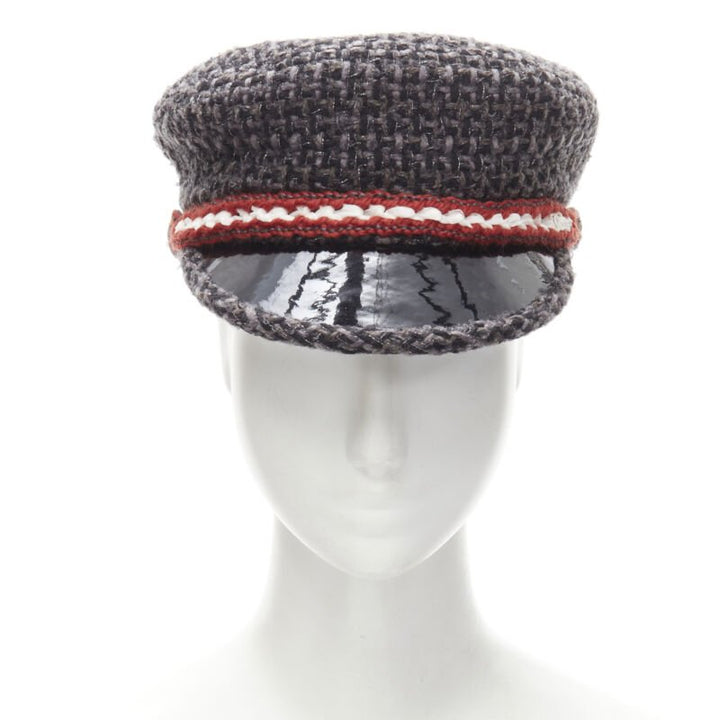 CHANEL 18A Parus Hamburg Runway grey tweed red braid black patent sailor hat S