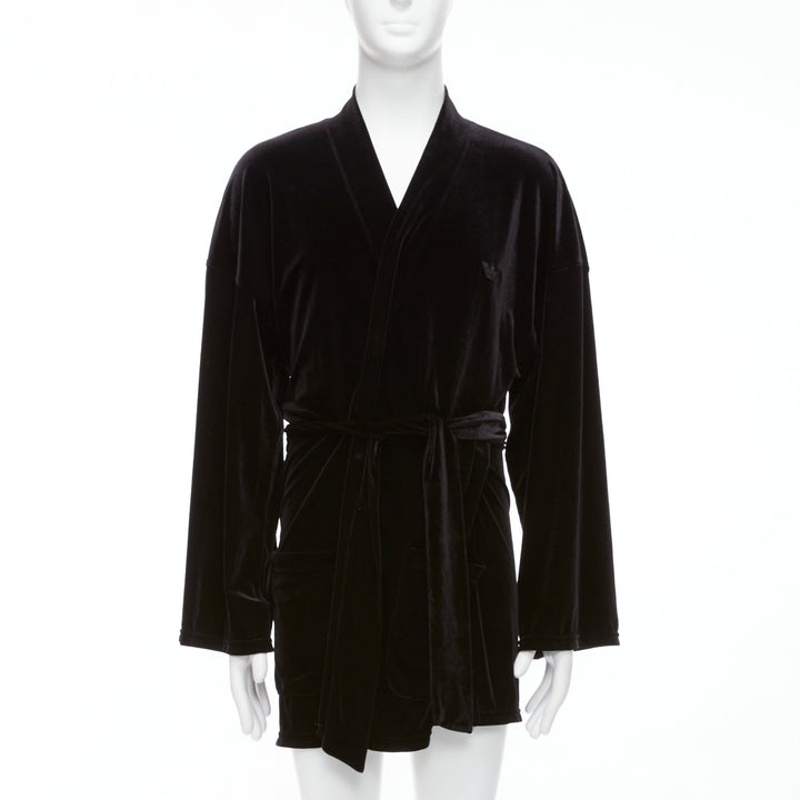 EMPORIO ARMANI black velvet GA embroidered logo belted robe jacket M