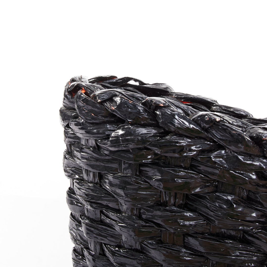 DOLCE GABBANA Vernice Vitello black lacquered raffia woven coffa large tote bag