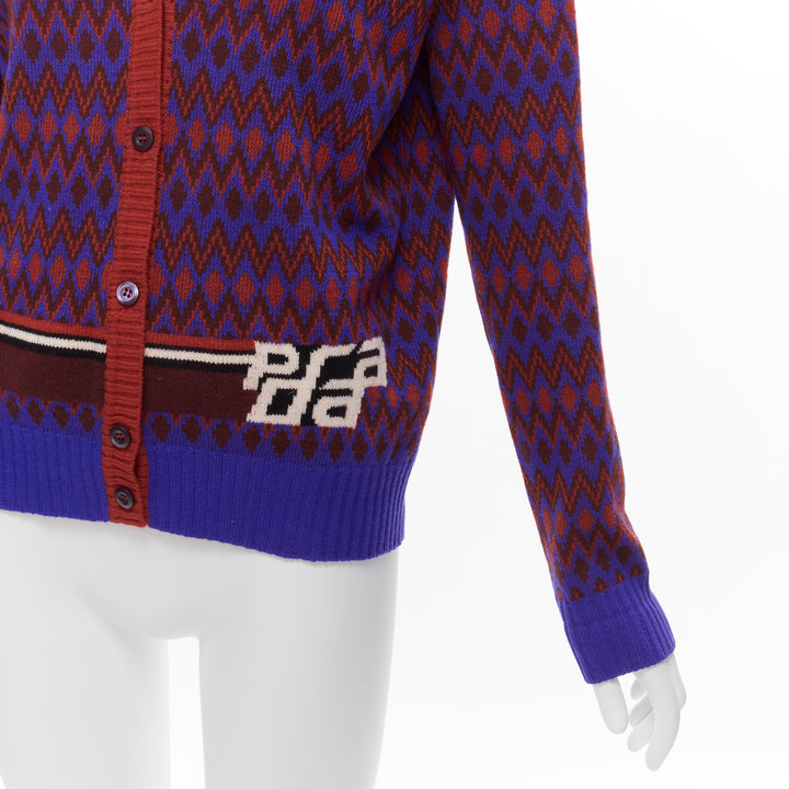 PRADA 2018 purple wool cashmere racing logo chevron intarsia cardigan IT38 XS
