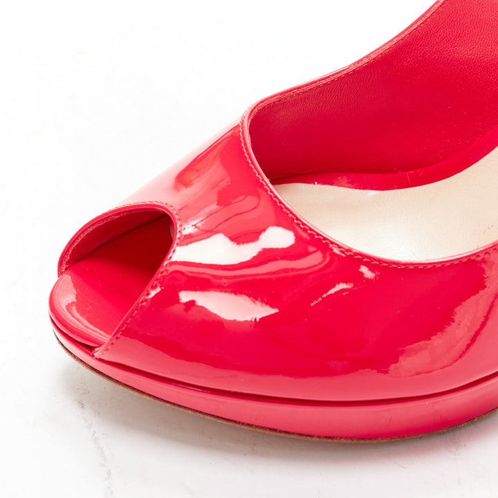 CHRISTIAN DIOR neon pink patent leather peep toe platform pumps EU38