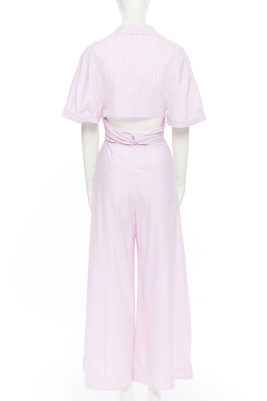 PETERSYN Belle pink white striped cotton tie front wide leg jumpsuit XS