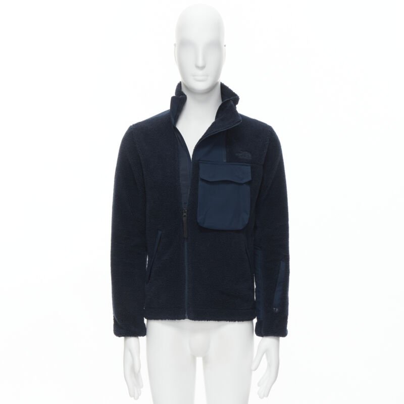 NORTH FACE navy blue fleece patch flap pocket asymmetric zip up jacket XS S