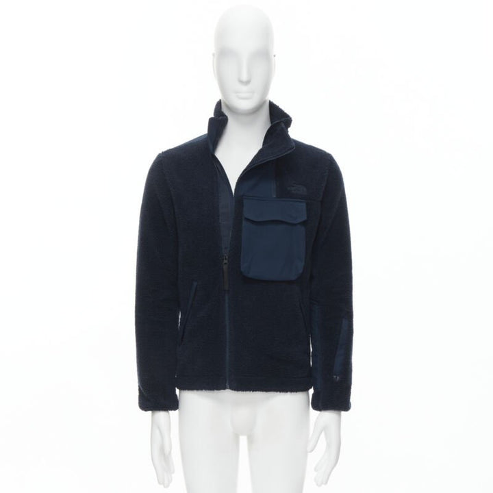 NORTH FACE navy blue fleece patch flap pocket asymmetric zip up jacket XS S