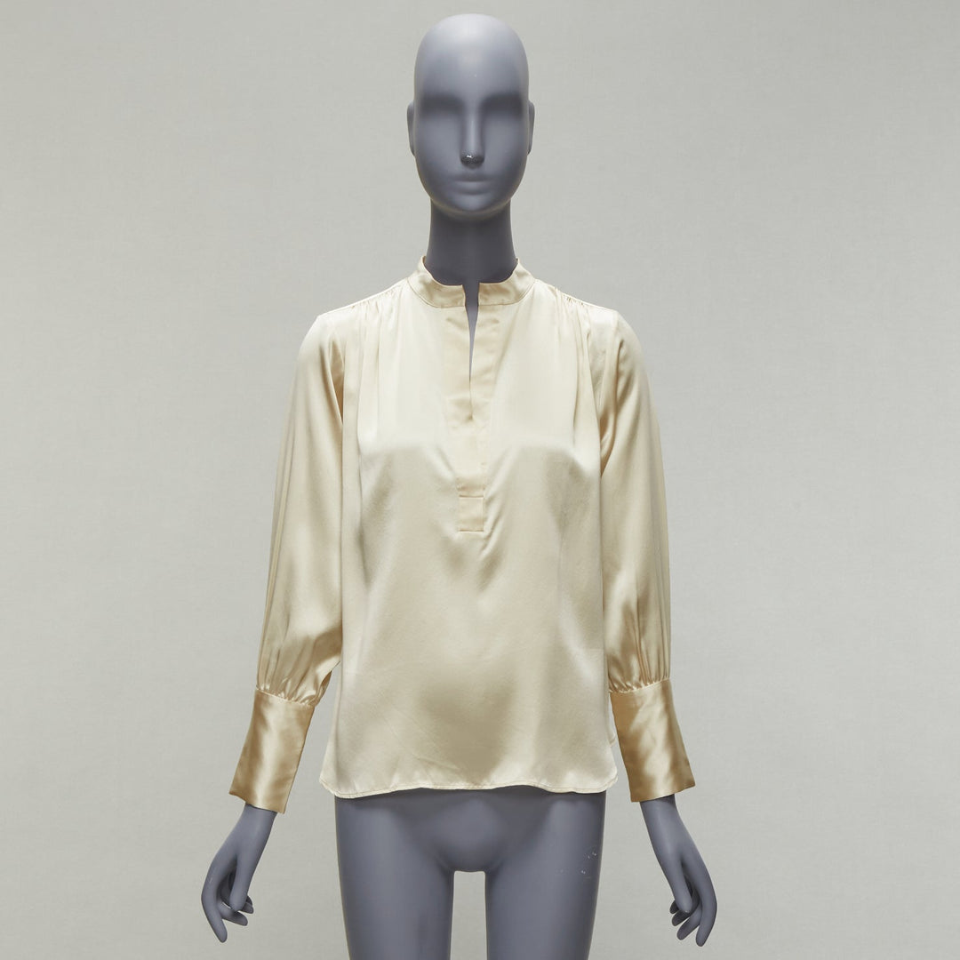 NILI LOTAN 100% silk champagne pleated shoulder seam V neck popover blouse XS