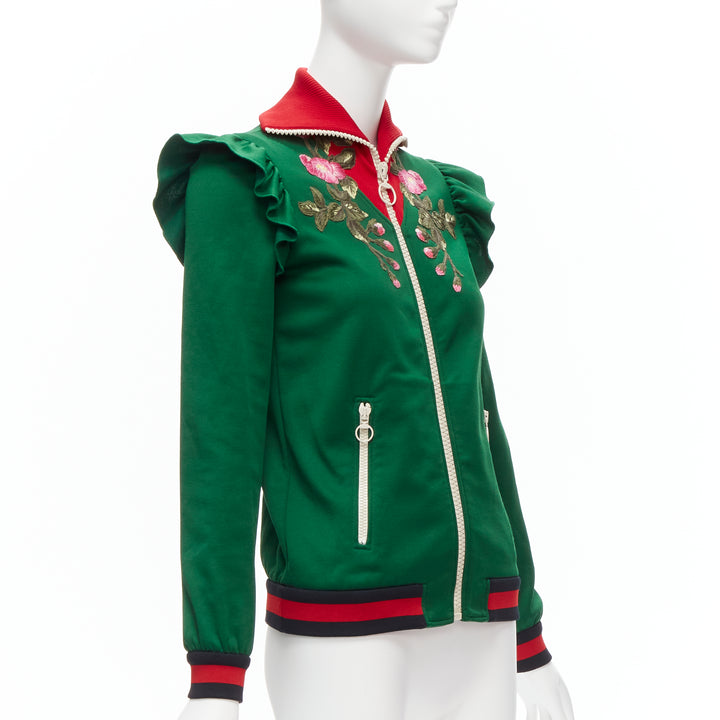 GUCCI Alessandro Michele green pink floral applique ruffled track jacket XS
