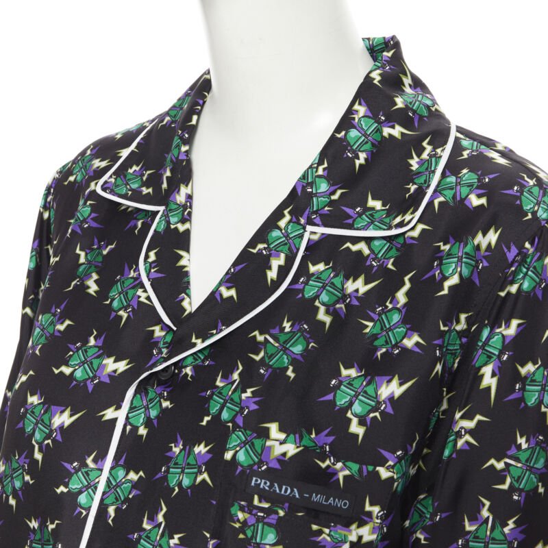 PRADA 2019 Frankenstein Micro Heart black print 100% silk pyjama shirt top S