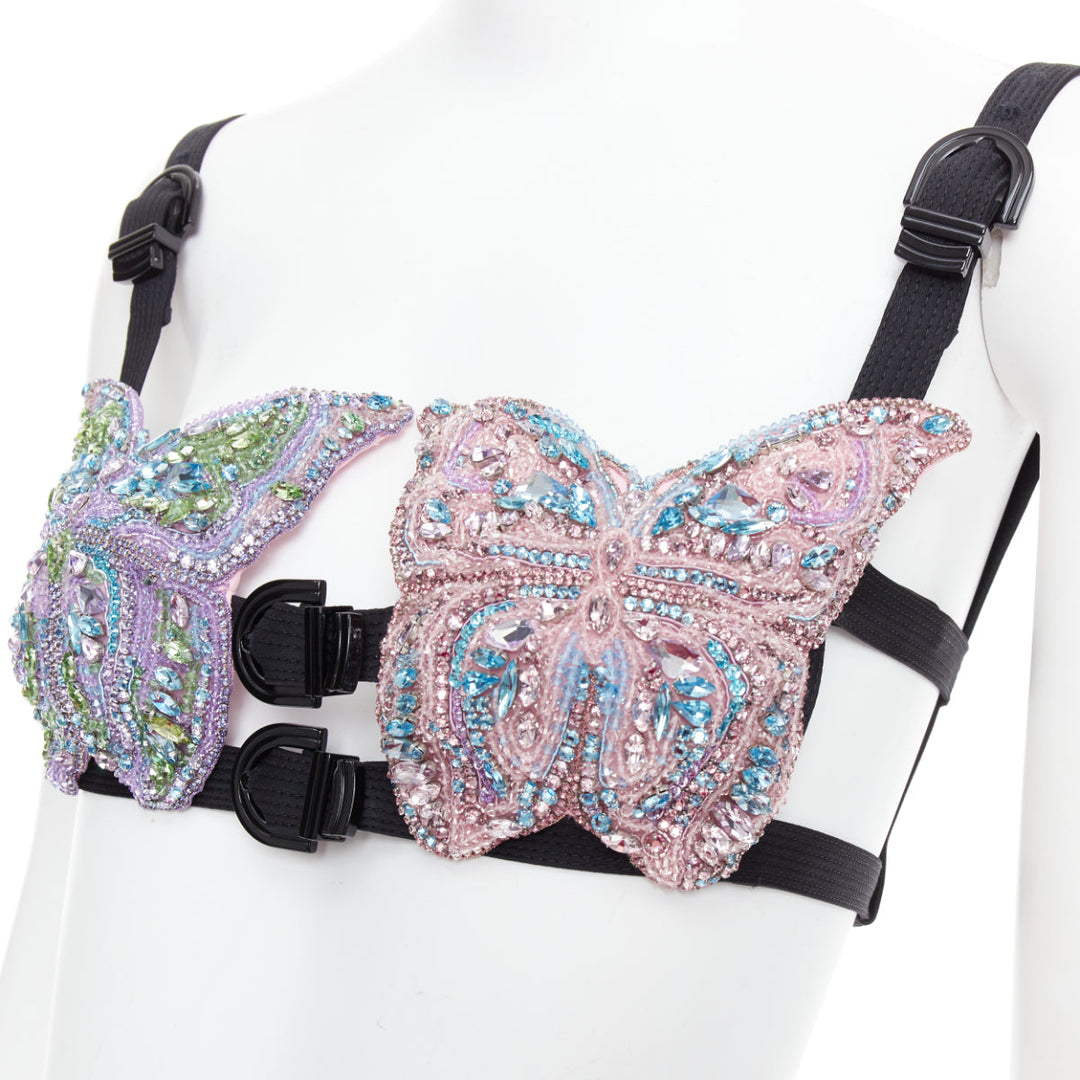 rare VERSACE Dua Lipa 2023 Vacanza Runway crystal butterfly bondage bra IT36 XXS