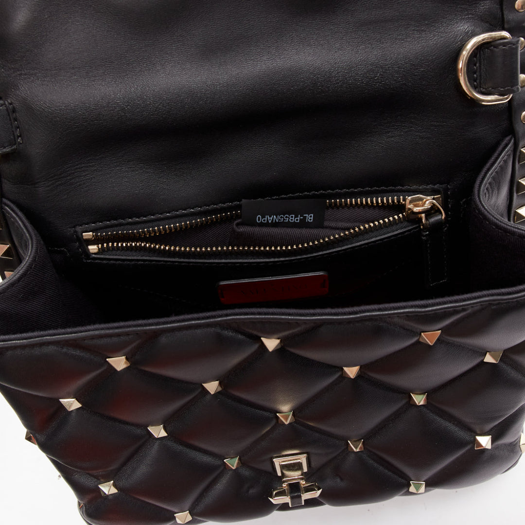VALENTINO Candystud black nappa lambskin gold studded turnlock 2 way satchel bag