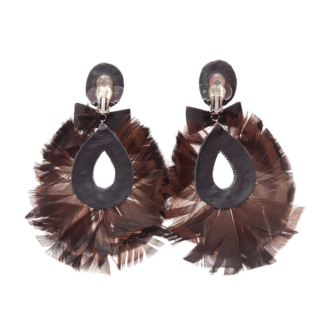 RANJANA KHAN black holographic feather crystal bow dangling clip earrings Pair