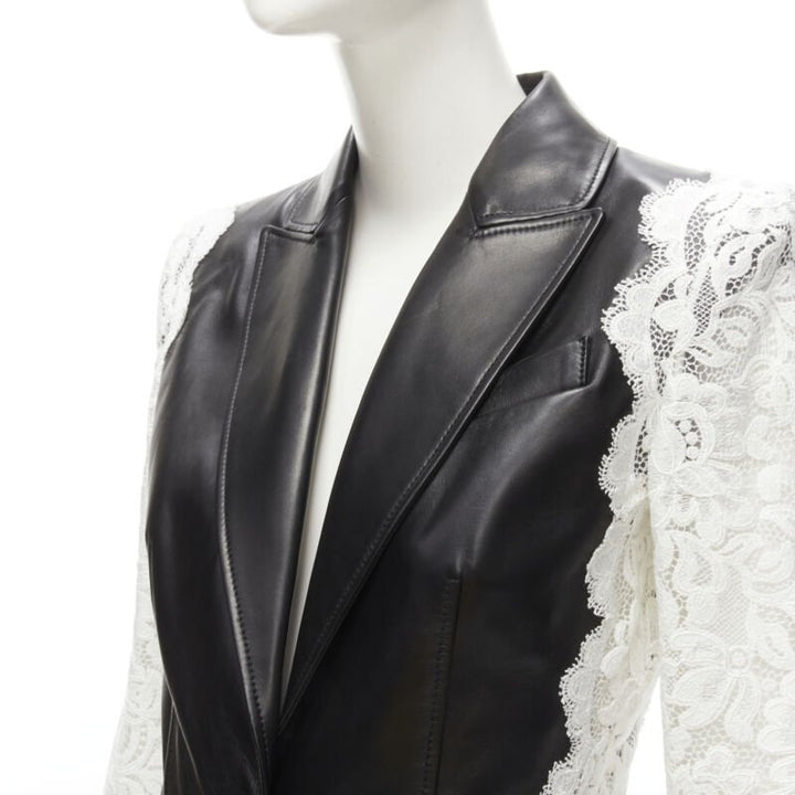 ALEXANDER MCQUEEN 2020 black lamb leather white lace trim blazer jacket IT38 XS