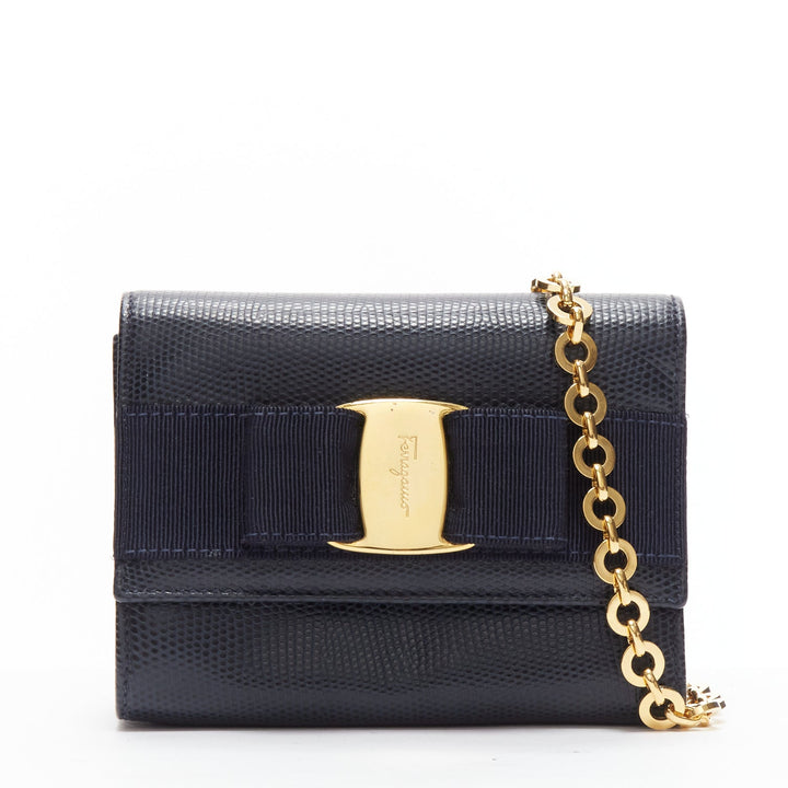 SALVATORE FERRAGAMO Vara Bow black scaled leather gold chain shoulder waist bag