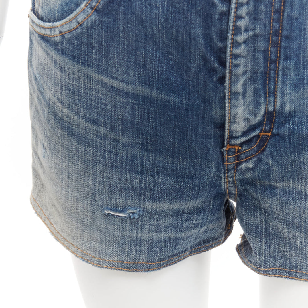 SAINT LAURENT 2020 blue distressed washed denim high waisted shorts 29"