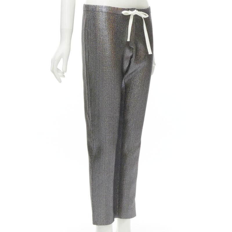 ROSIE ASSOULIN silver iridescent glitter metallic silk tapered cropped pants XS