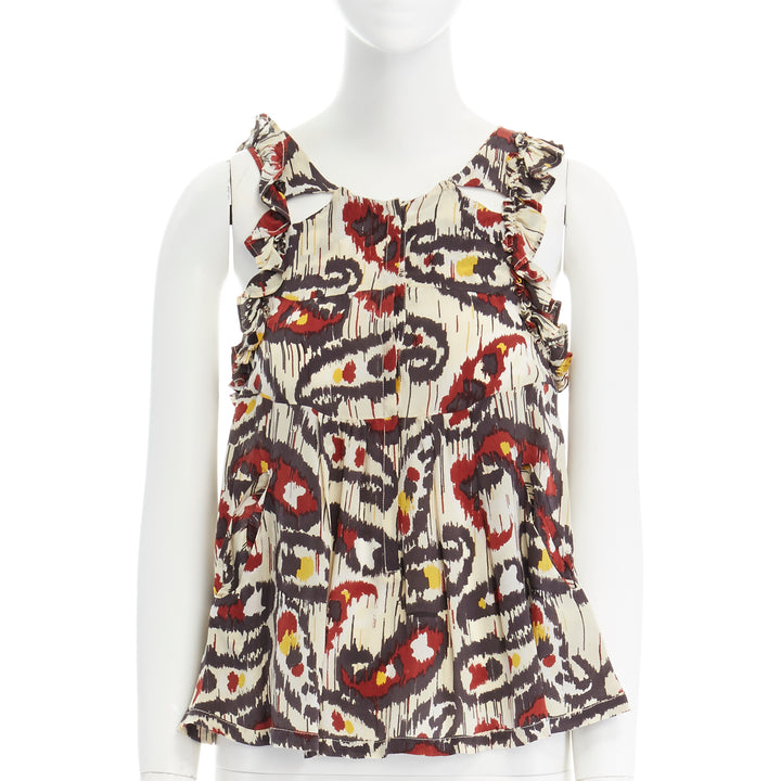 ISABEL MARANT Ikat cream ethnic print silk ruffle cut-out top FR34 XS US2 UK6