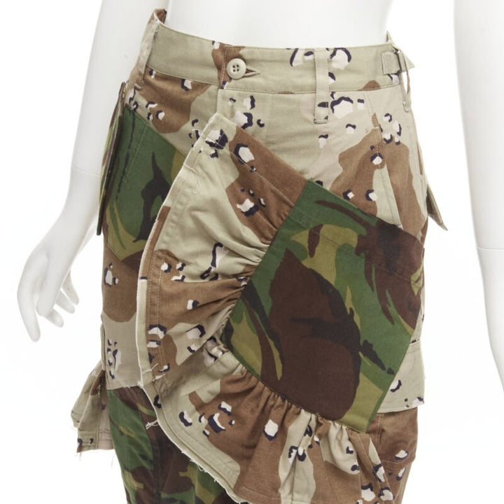 PREEN mixed green khaki camo patchwork ruffled deconstructed cargo skirt XS