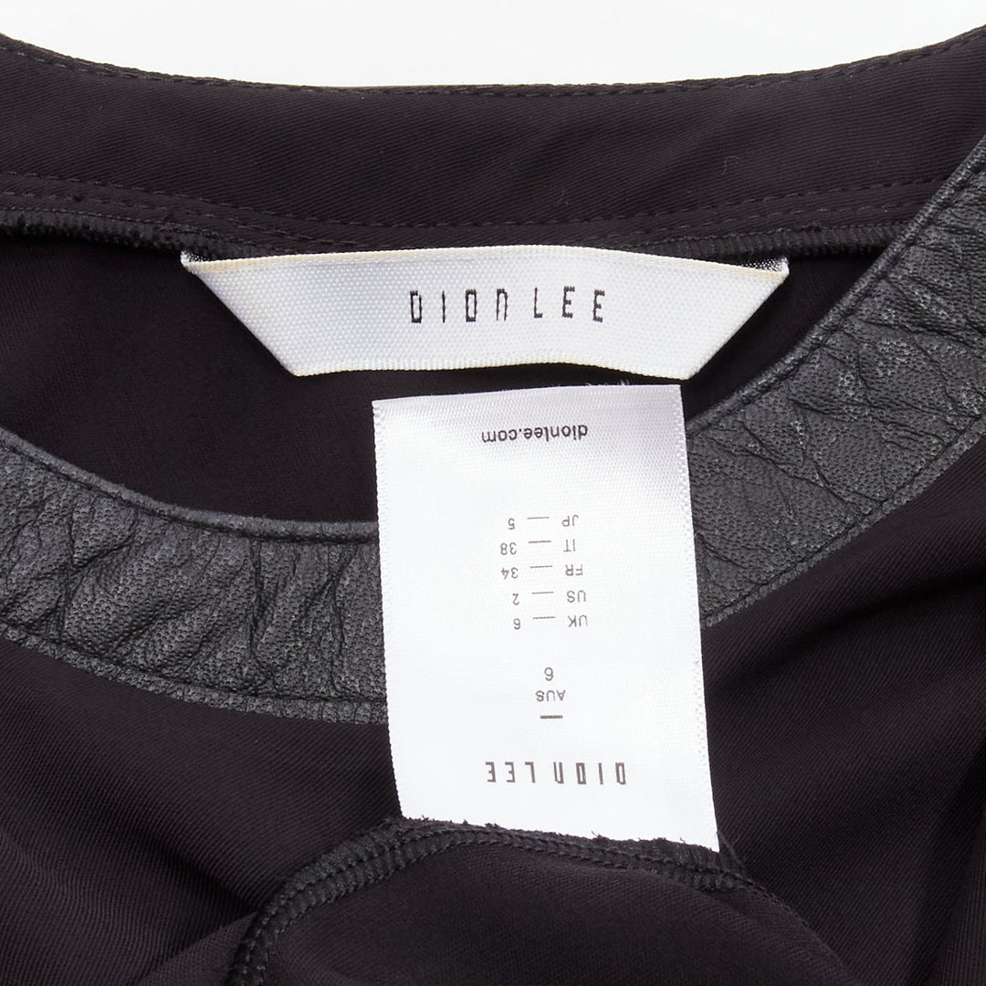 DION LEE black leather trim round collar silky drape sleeveless tank top AUS6 XS