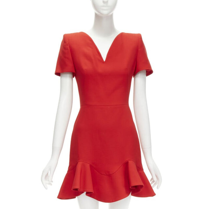 ALEXANDER MCQUEEN red wool crepe tulip neck flutter hem dress IT38 XS