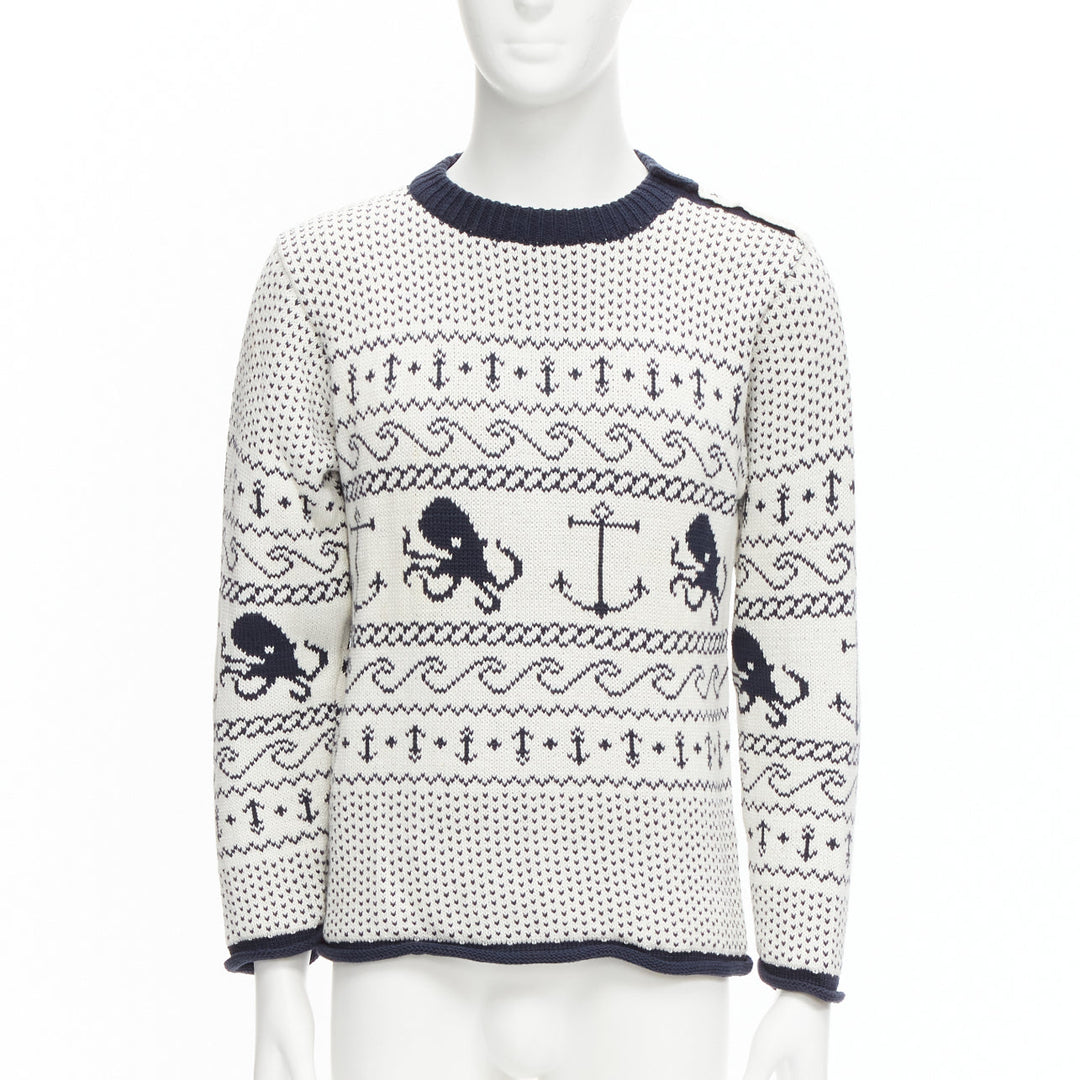 THOM BROWNE off white navy nautical octopus intarsia  ringer sweater SZ.3 L