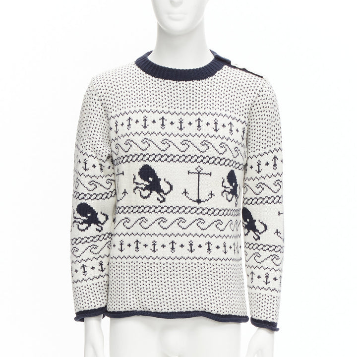 THOM BROWNE off white navy nautical octopus intarsia  ringer sweater SZ.3 L