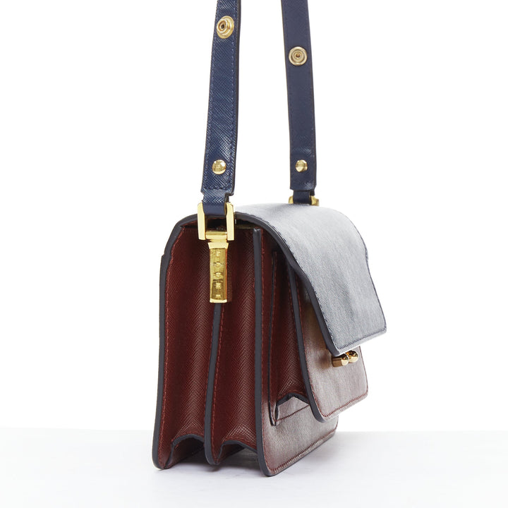 MARNI Trunk navy burgundy textured leather clasp crossbody bag