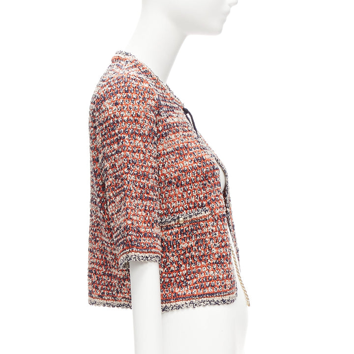 CHANEL 2011 red boule knit CC logo gold chain cropped jacket FR36 S