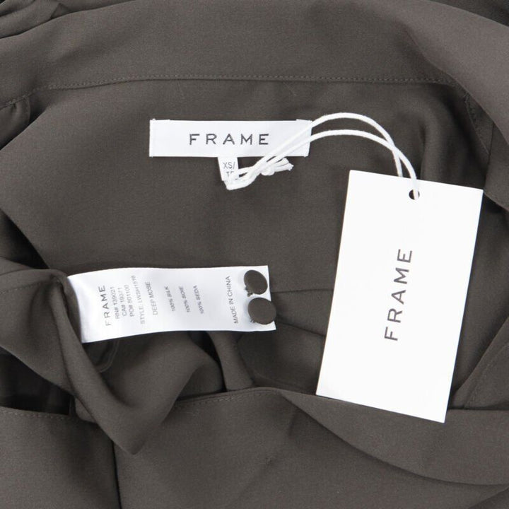 FRAME Dark Moss green 100% silk spread collar popover shirt blouse XS
