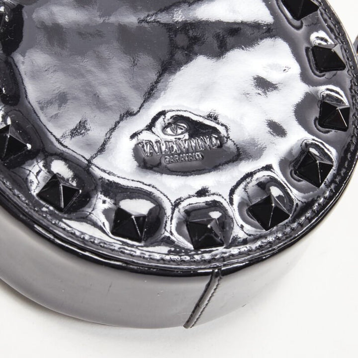 VALENTIN Rockstud black patent leather studded gold chain circle crossbody bag