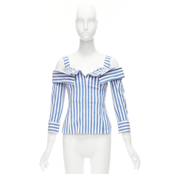 MONSE blue white striped cold shoulder corseted cropped sleeve top US0 XS