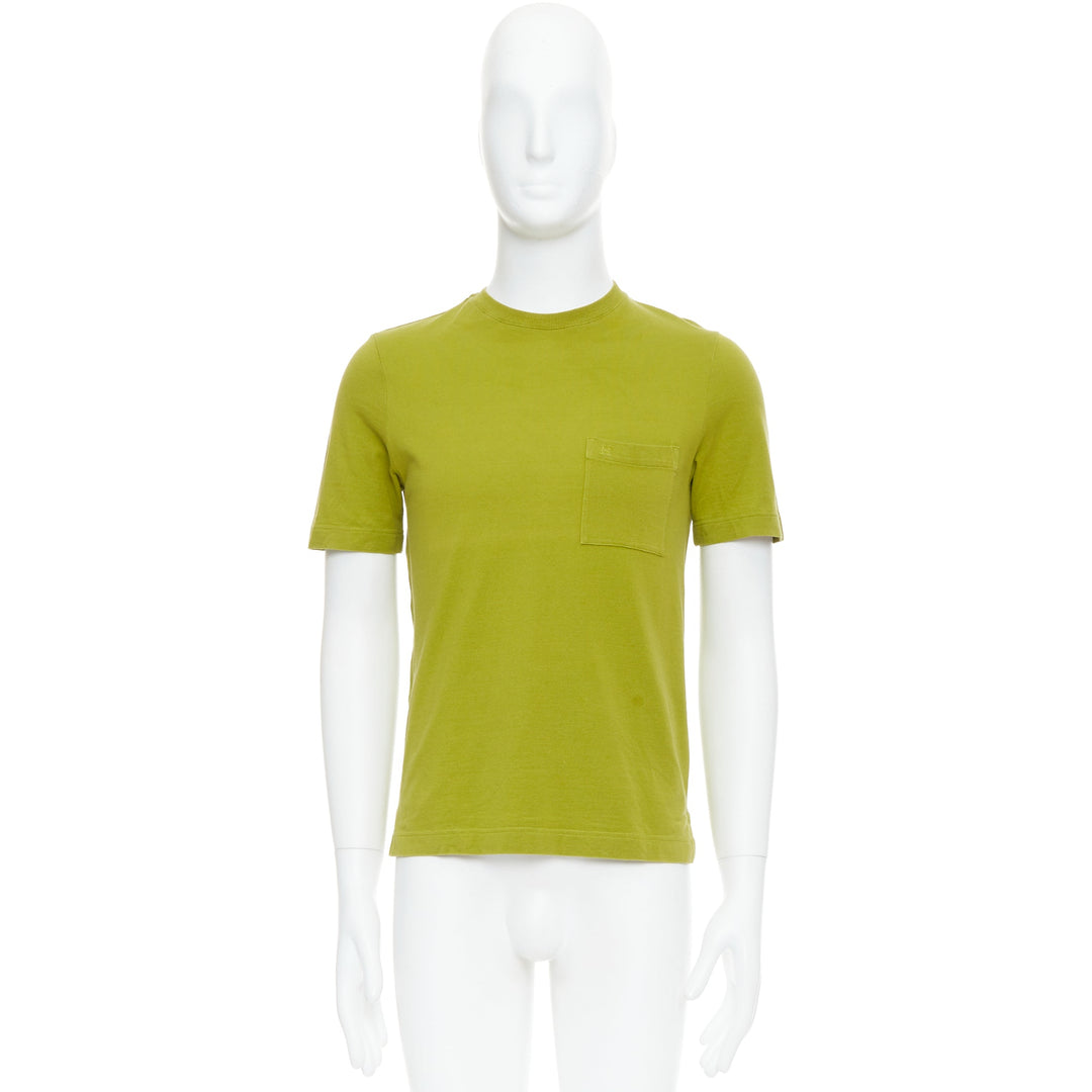 HERMES olive green cotton H logo crew neck pocket t-shirt top XS