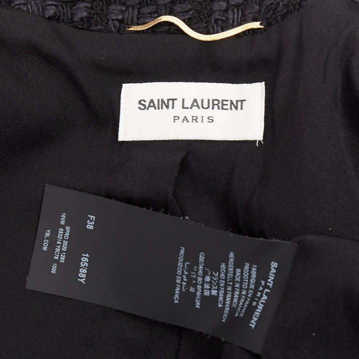SAINT LAURENT 2021 navy wool silk tweed silver chain braided trim jacket FR38 M