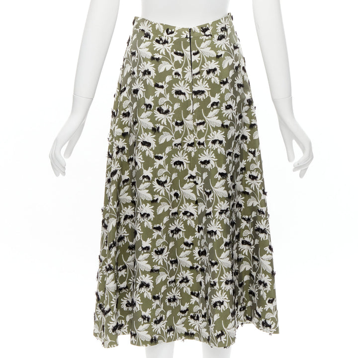 BALENCIAGA 2015 green black fringe embellishment white floral midi skirt FR36 S